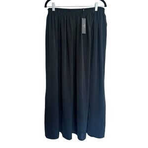 NWT Tahari Black Pull-On Maxi Skirt Medium Elastic Smocked Waist Side Slit Flowy